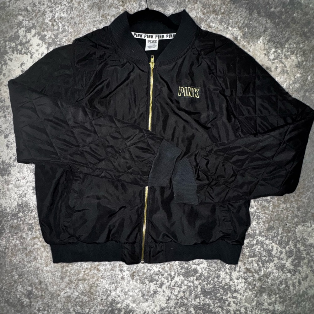 PINK Victoria's Secret Black Quilted Bomber Jacket Gold Logo Full Zip Size L